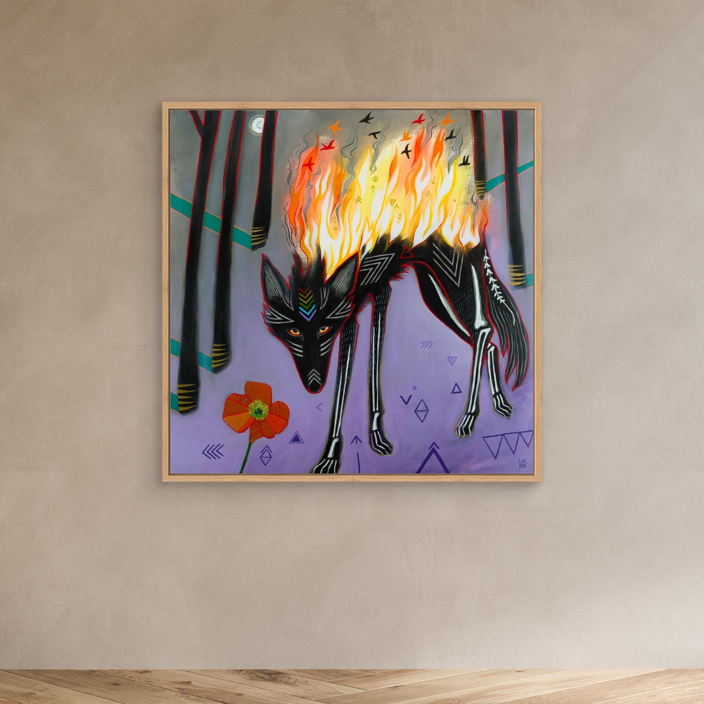 Wolf: On Fire (Fire Wolf) ~ 50x50cm, Oak Frame Canvas Print
