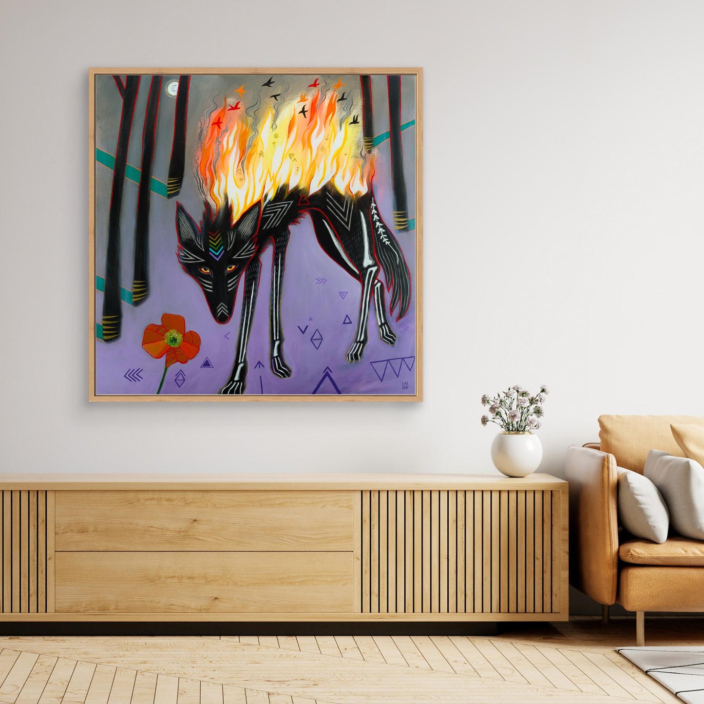 Wolf: On Fire (Fire Wolf) ~ 80x80cm, Oak Frame Canvas Print