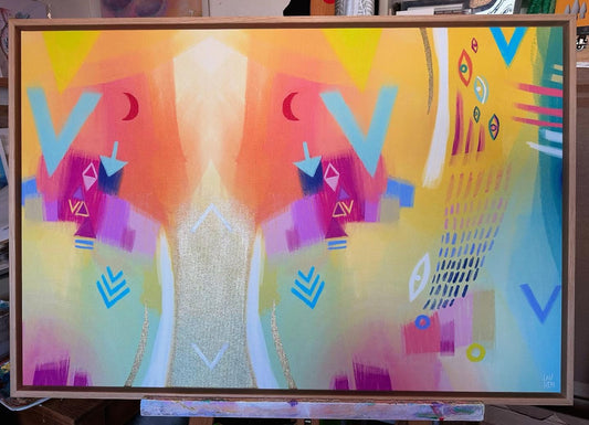 Abstract: ANTICIPATION with GOLD, 90×60cm, Oak Frame