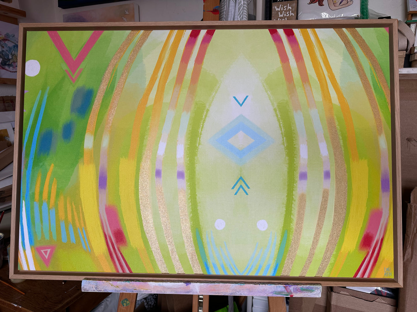Abstract: CONNECTION with GOLD, 90×60cm, Oak Frame
