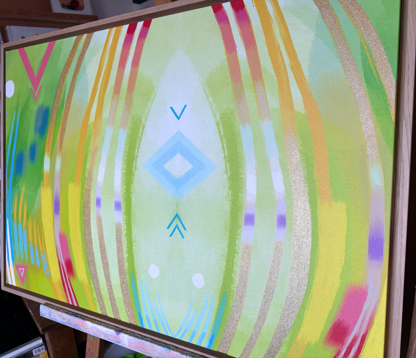 Abstract: CONNECTION with GOLD, 90×60cm, Oak Frame