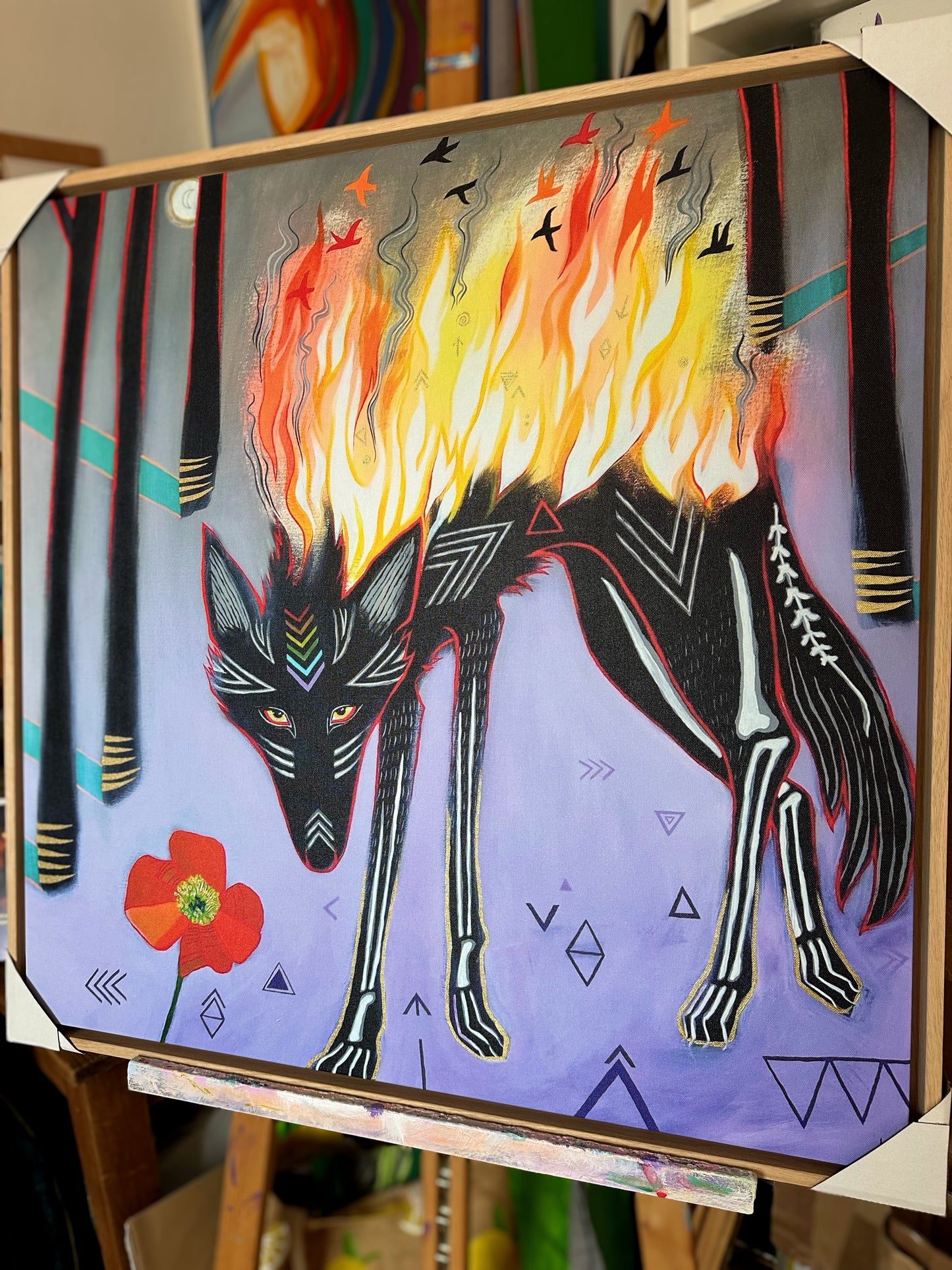 Wolf: On Fire (Fire Wolf) with GOLD, 80x80cm, Oak Frame