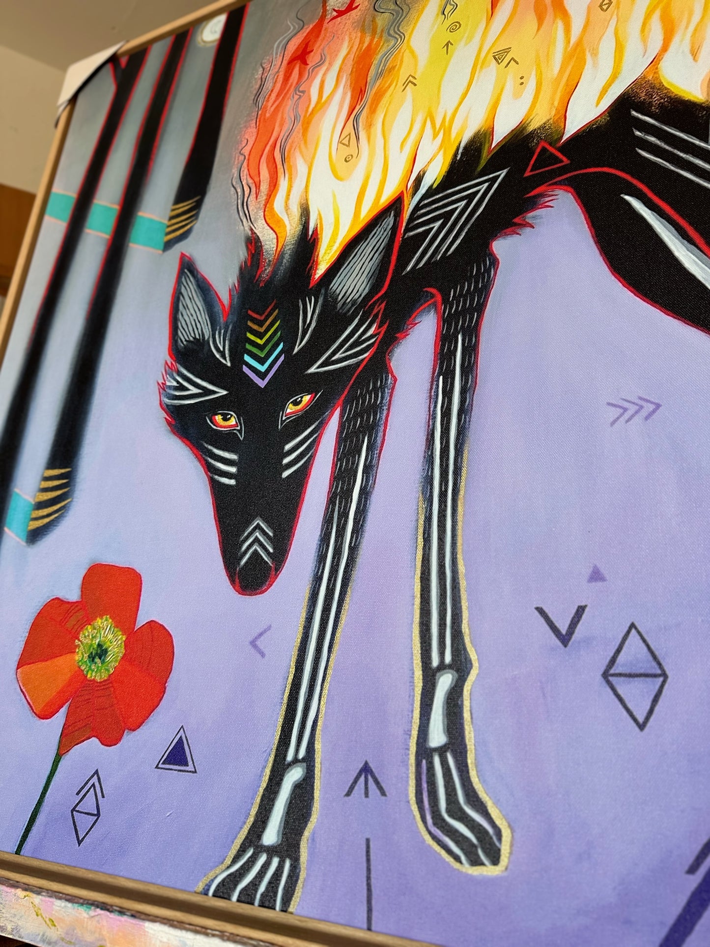 Wolf: On Fire (Fire Wolf) with GOLD, 80x80cm, Oak Frame