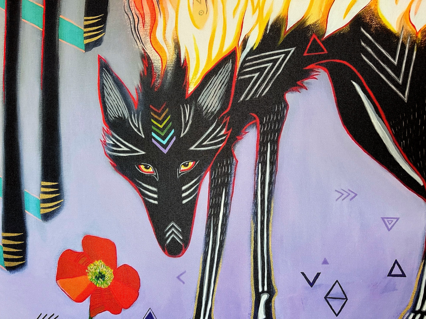 Wolf: On Fire (Fire Wolf) with GOLD, 80x80cm, Oak Frame