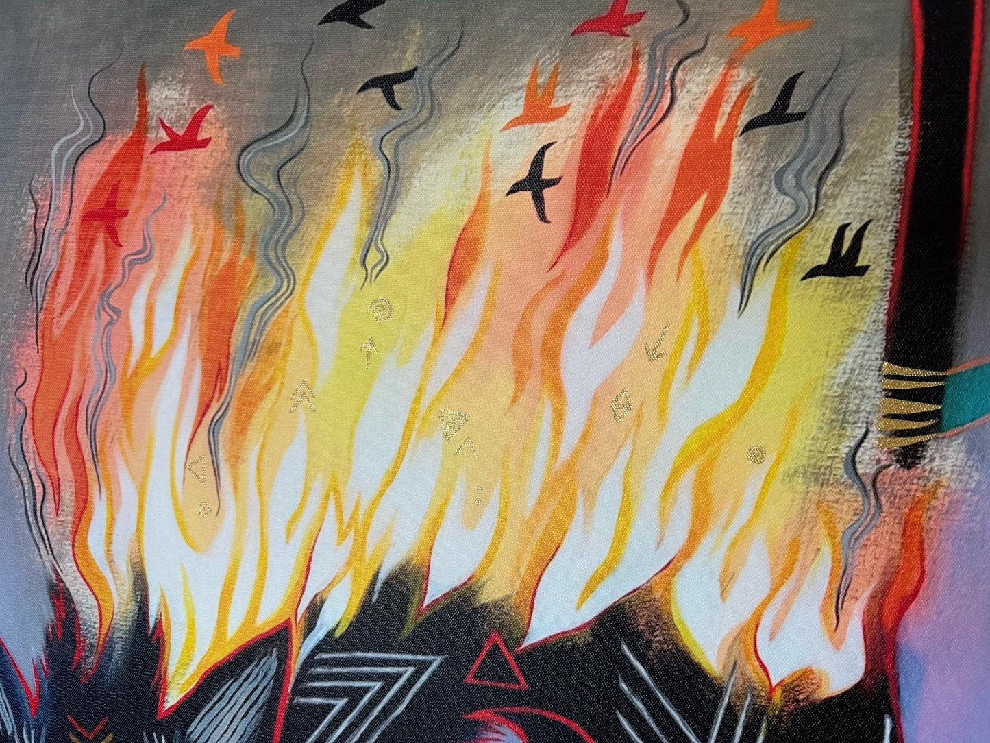 Wolf: On Fire (Fire Wolf) with GOLD, 80x80cm, Oak Frame