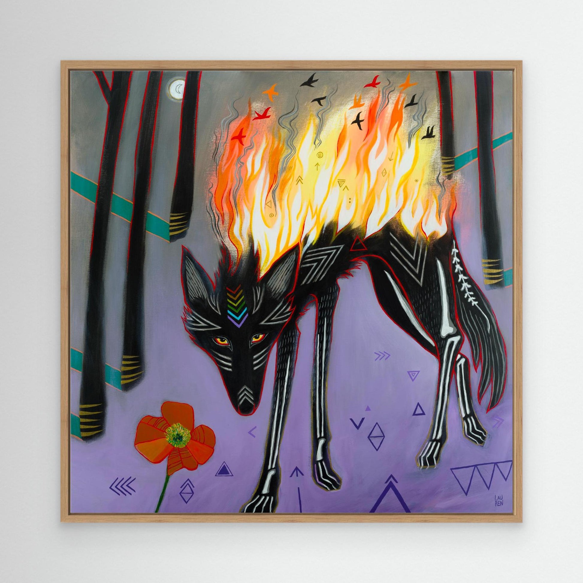 Wolf: On Fire (Fire Wolf) ~ 30x30cm, Oak Frame Canvas Print