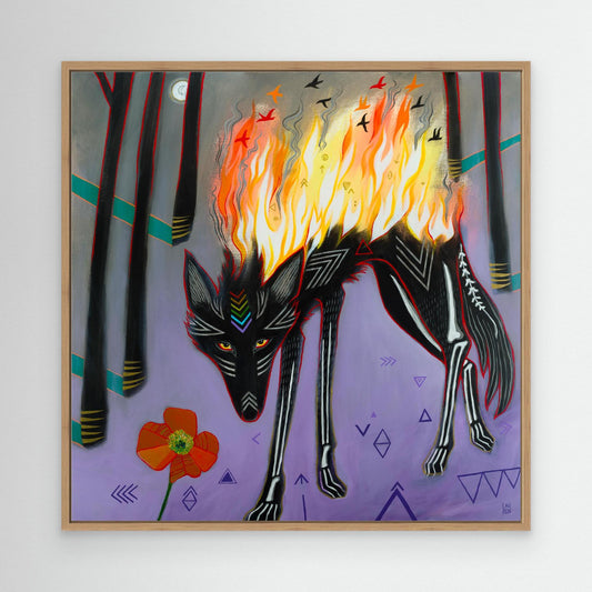 Wolf: On Fire (Fire Wolf) ~ 80x80cm, Oak Frame Canvas Print